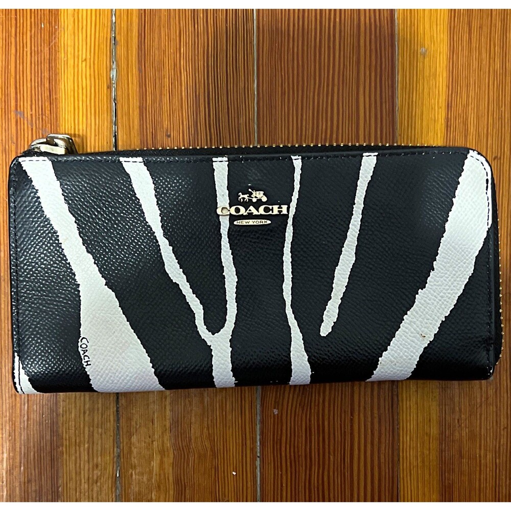 Coach Zebra Animal Print Zip-Around Wallet Black/White Zipper Logo Credit Card